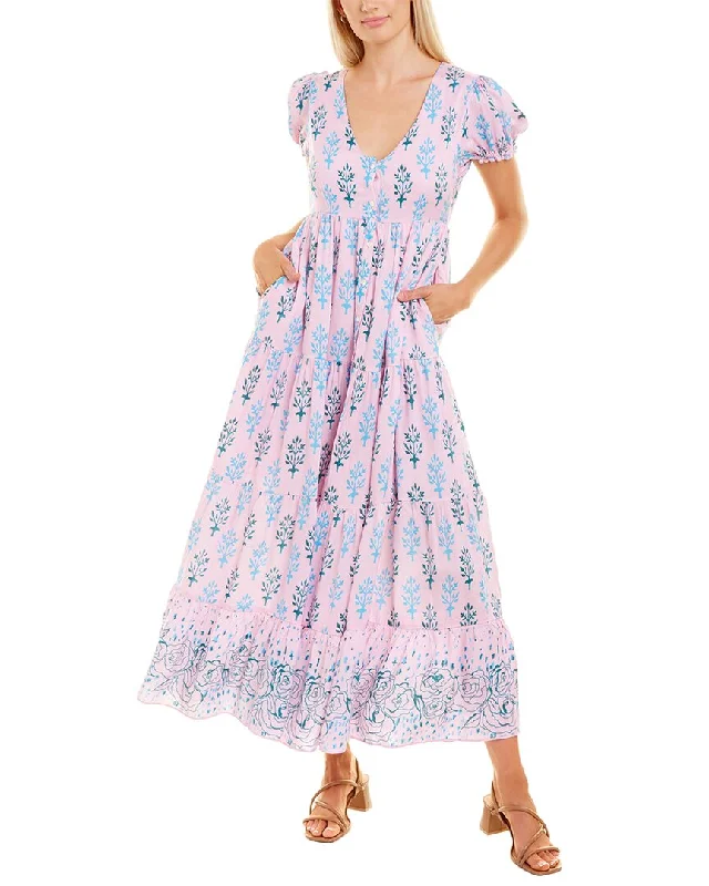 Celina Moon Short Sleeve Tiered Maxi Dress Elegant Maxi Dress with Slit
