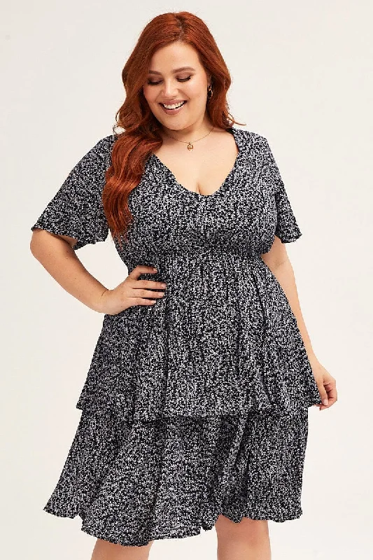 Ditsy Print Navy Ditsy Print Short Sleeve V-neck Mini Dress Stylish Sweetheart Neck Mini Dress