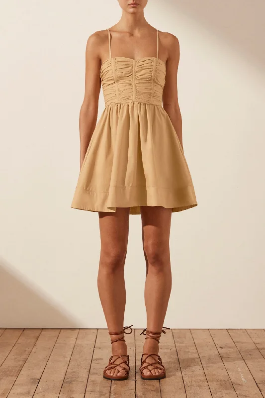 ESTELA RUCHED PANEL MINI DRESS - SAND Chic Mini Dress with V-Neck