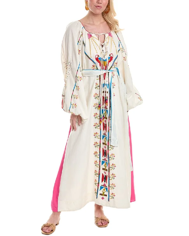 FARM Rio Macaw Linen-Blend Maxi Dress Comfortable Plunging Neckline Maxi Dress