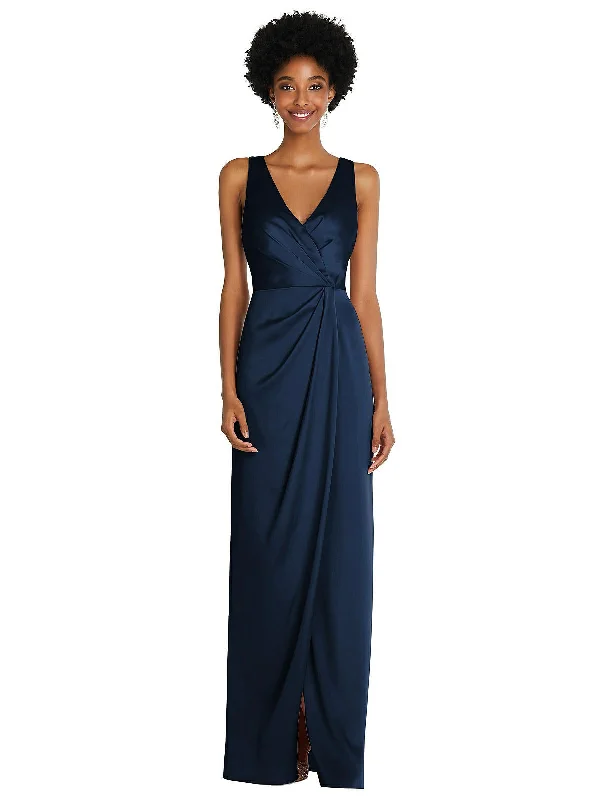 Faux Wrap Whisper Satin Maxi Dress with Draped Tulip Skirt Fashionable Chiffon Tiered Maxi Dress
