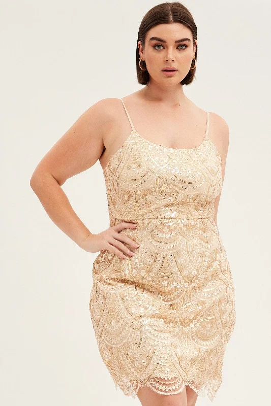 Gold Mini Dress Shoestring Strap Scalloped Hem Sequin Cozy A-Line Mini Dress