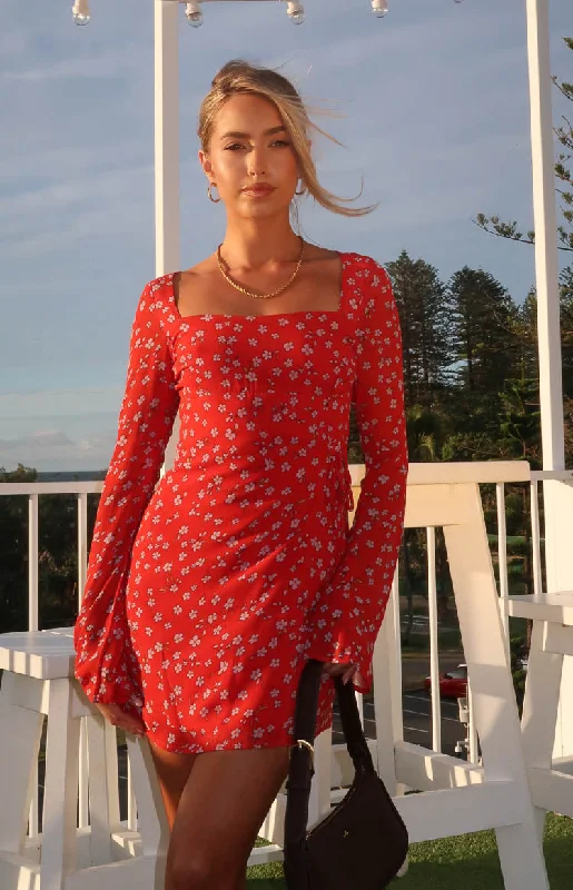 Goldie Red Floral Long Sleeve Mini Dress Cozy Ribbed Mini Dress