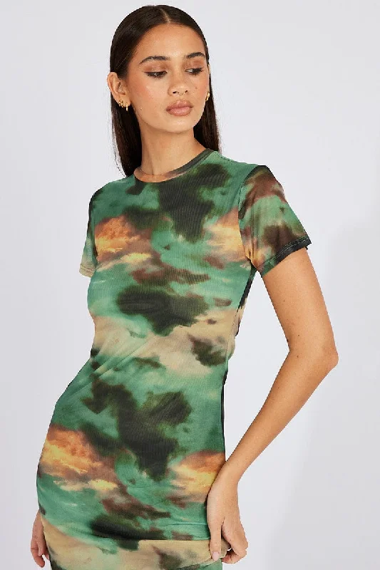 Green Abstract Maxi Dress Short Sleeve Bodycon Mesh Trendy Floral Print Maxi Dress