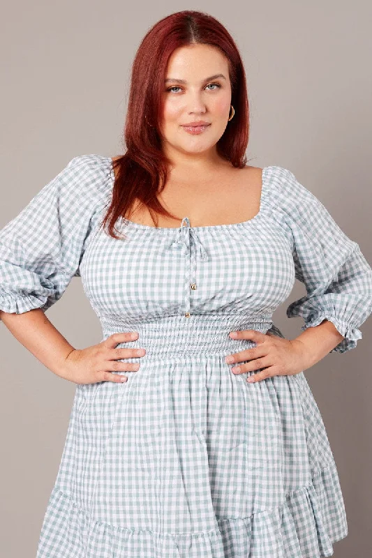 Green Check Mini Dress 3/4 Sleeve Shirred Gingham Cozy Cotton Mini Dress