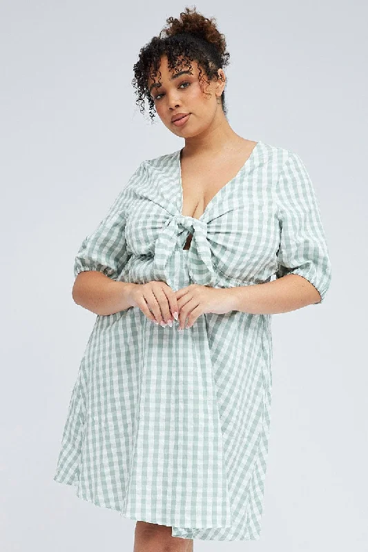 Green Check Mini Dress Tie Gingham Puff Sleeve Chic Puff Sleeve Mini Dress