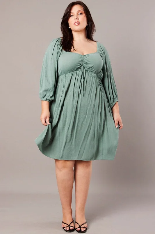Green Crinkle Ruched Drawstring Mini Dress Trendy Floral Mini Dress