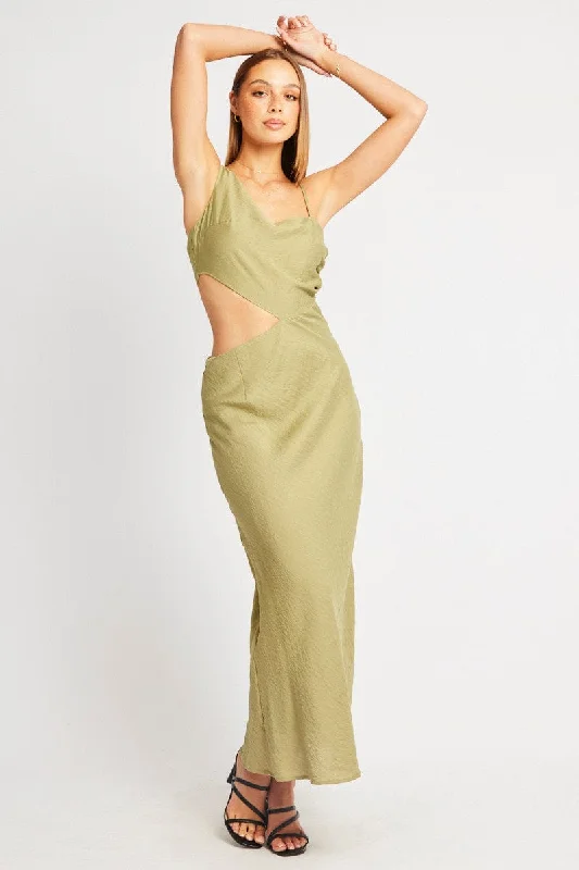 Green Maxi Dress Cut Out Detail Stylish Boho Maxi Dress