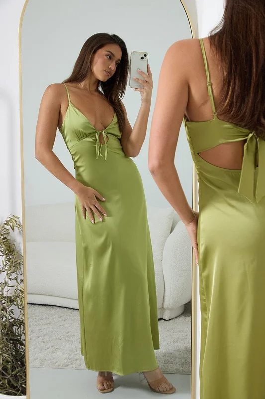 Green Maxi Dress Cut Out Satin Stylish Maxi Dress with Frills