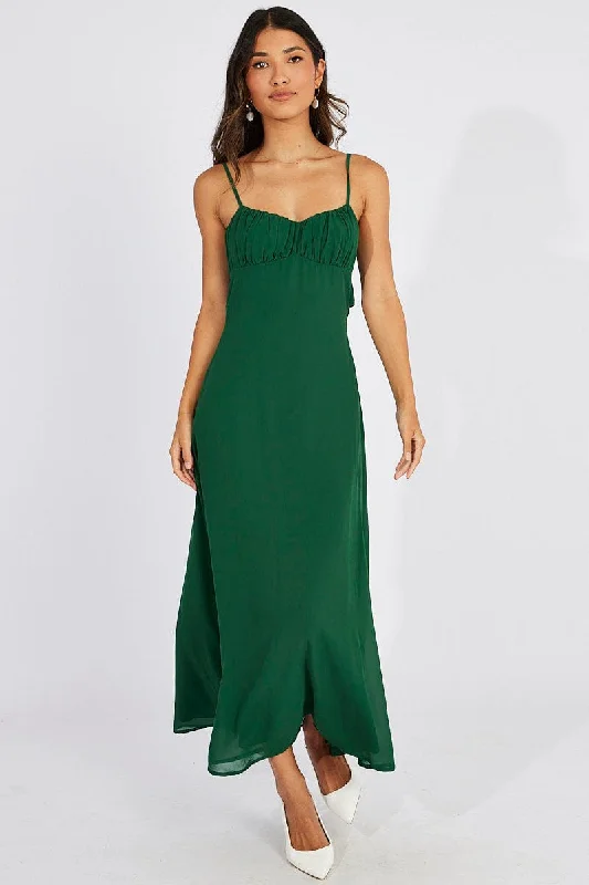 Green Maxi Dress Gathered Bust Strappy Comfortable Satin Maxi Dress