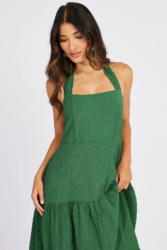 Green Maxi Dress Square Neck Tiered Comfortable Maxi Dress with Belt