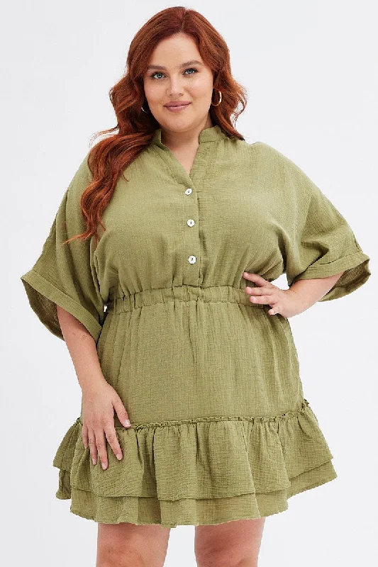 Green Mini Dress Button Front Cotton Crush Elegant Floral-Print Mini Dress