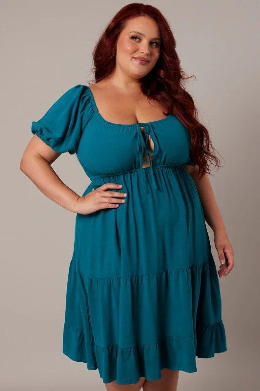Green Mini Dress Linen Blend Puff Sleeve Sweetheart Neck Trendy Mesh Mini Dress