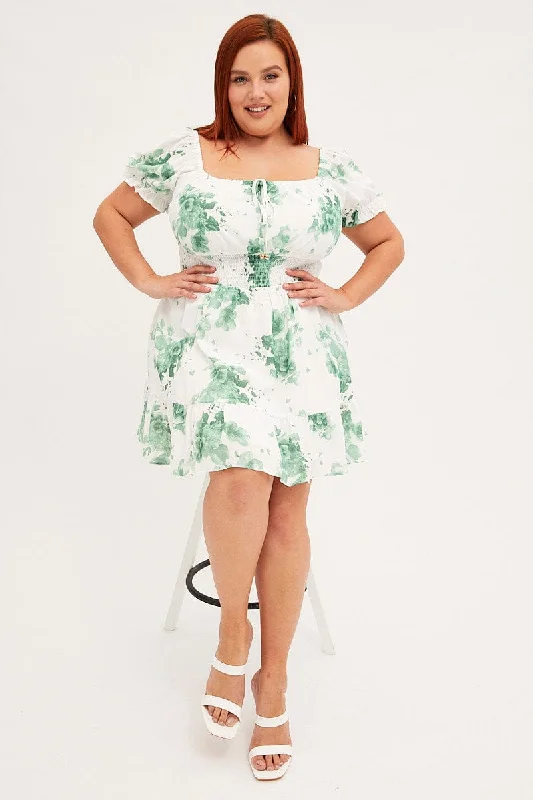 Green Mini Dress Puff Sleeve Gather Detail Trendy Denim Mini Dress