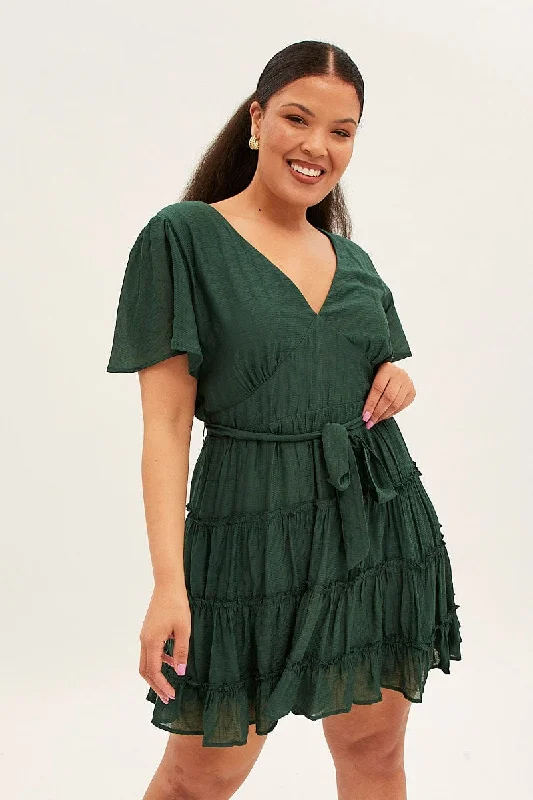 Green Mini Dress Short Flare Sleeve Textured Frill Stylish Button-Down Mini Dress