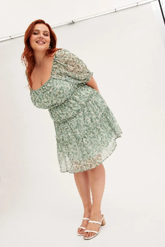 Green Mini Dress Short Puff Sleeve Ruched Bust Comfortable Bodycon Mini Dress