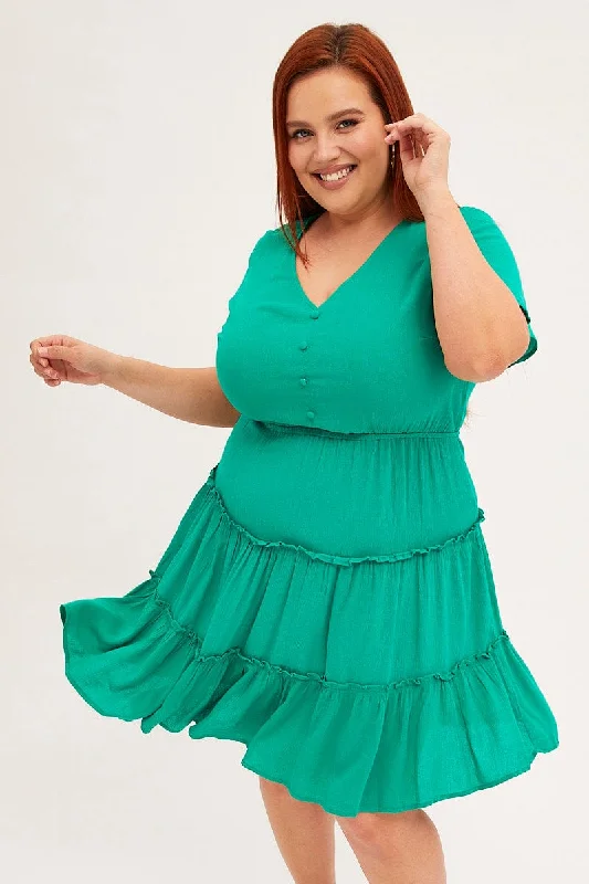 Green Mini Dress Short Sleeve Button Front Crinkle Rayon Fashionable Mini Dress with Pockets