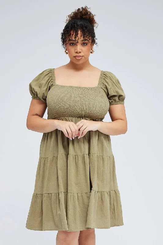 Green Mini Dress Tiered Shirred Bust Puff Sleeve Stylish Plaid Mini Dress