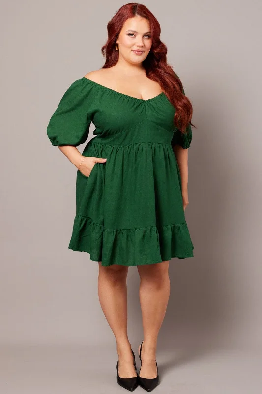 Green Tiered Mini Dress Shirred Back With Pockets Elegant Satin Lace Mini Dress