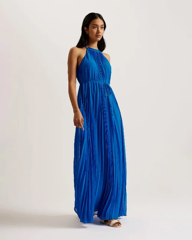 Helyos Pleated Halterneck Maxi Dress Blue Elegant Lace Maxi Dress