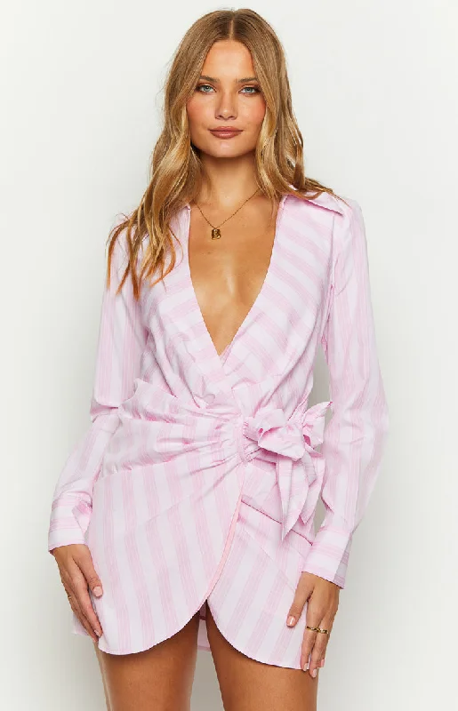 Holly Pink Stripe Tie Up Shirt Mini Dress Trendy Denim Mini Dress
