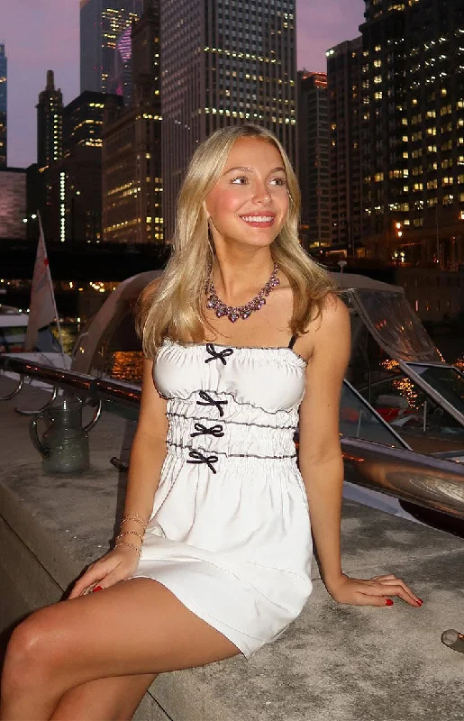 It Girl White Bow Mini Dress Fashionable Button-Front Mini Dress