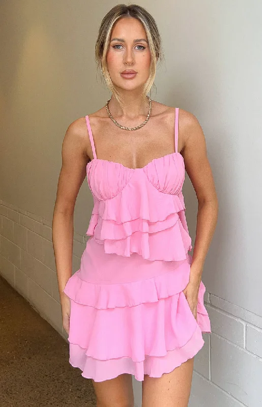 Kamala Pink Ruffle Mini Dress Fashionable Boho-Chic Mini Dress