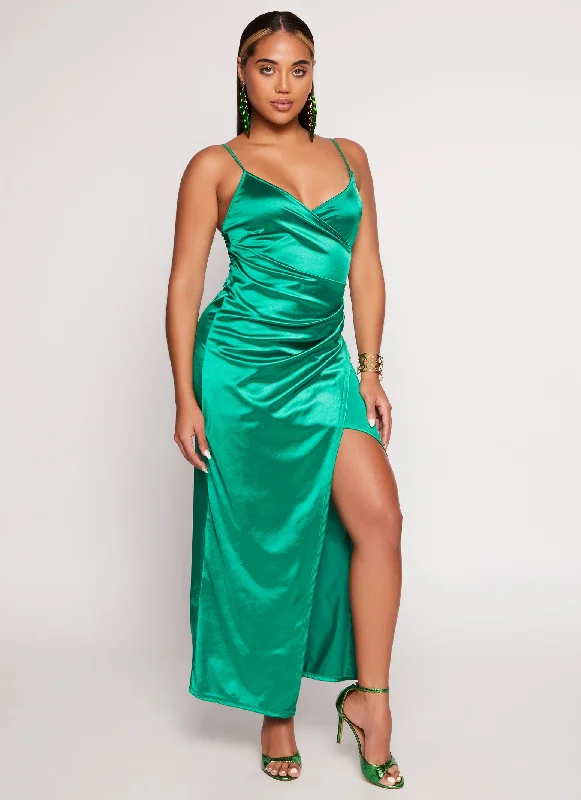 Satin Slit Front Faux Wrap Maxi Dress