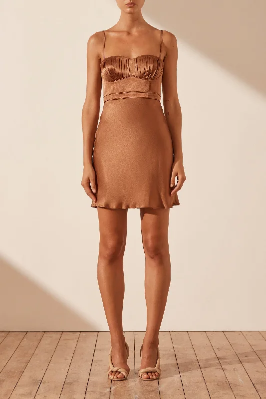 LA LUNE CORDED RUCHED MINI DRESS - ALMOND Comfortable Polka Dot Mini Dress