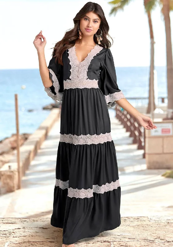 LASCANA Women's Crochet Lace Trim Maxi Dress Cozy Cold-Shoulder Maxi Dress