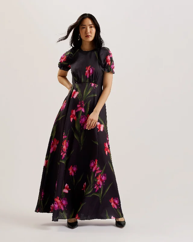 Loceie Puff Sleeve Printed Maxi Dress Black Cozy Wrap Maxi Dress