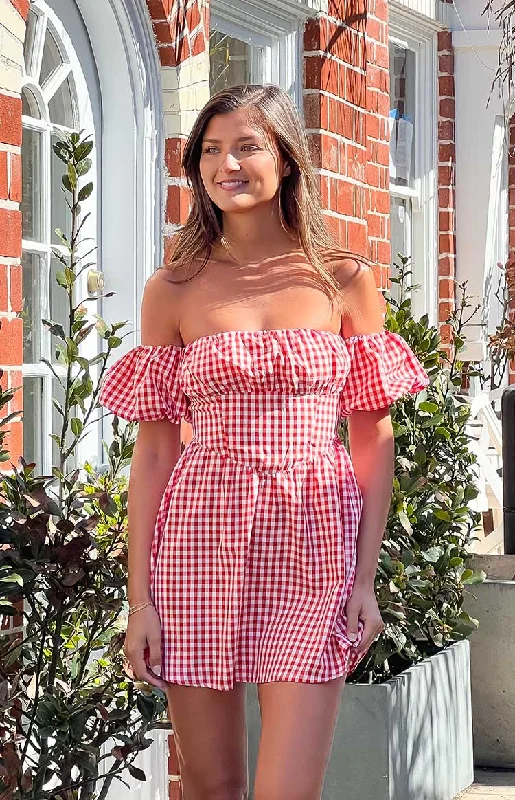 Love Lost Off The Shoulder Red Gingham Mini Dress Fashionable Lace Mini Dress