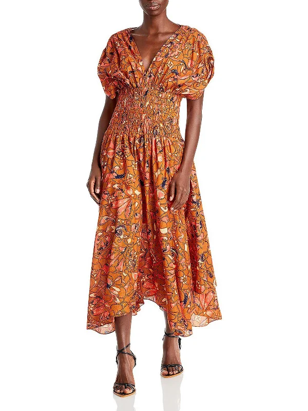 Lucia Womens Smocked Long Maxi Dress Trendy Button Front Maxi Dress