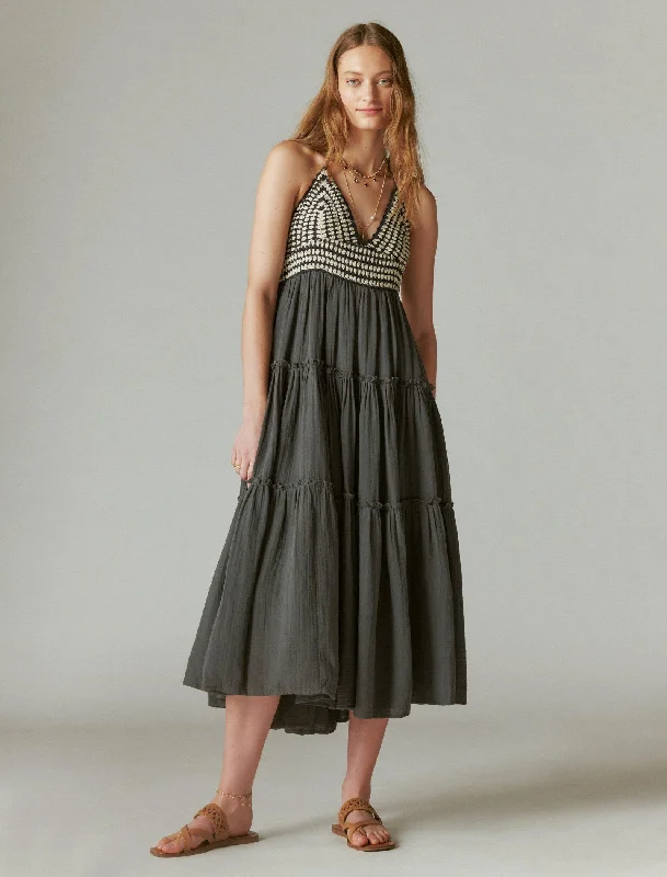 Lucky Brand Women's Crochet Trim Maxi Dress Cozy Knitted Maxi Dress