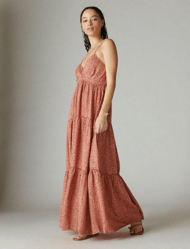 Lucky Brand Women's Paisley Tiered Maxi Dress Fashionable Printed Maxi Dress