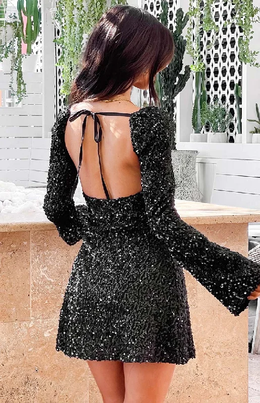 Marienne Black Sequin Long Sleeve Mini Dress Casual V-Neck Mini Dress