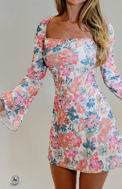Marienne Pink Sequin Floral Print Mini Dress Fashionable Party Mini Dress