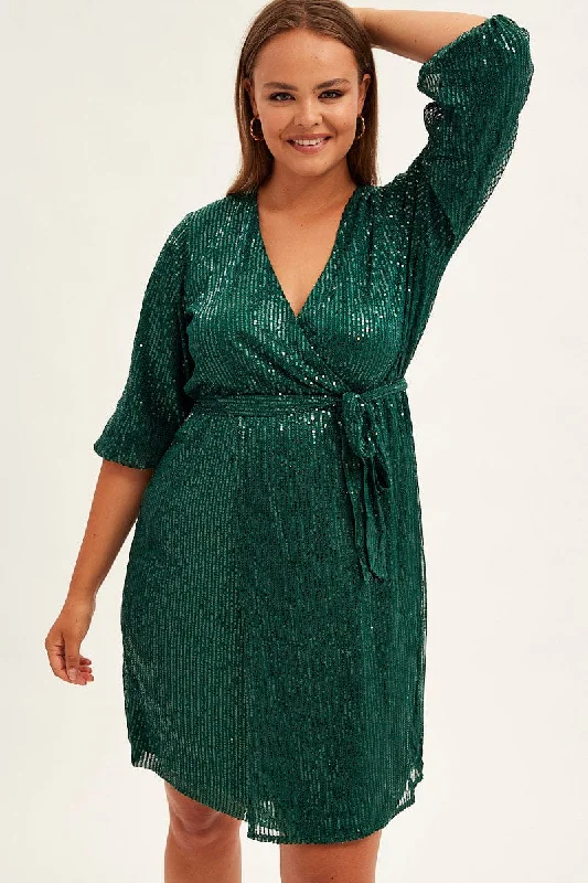 Green Metallic Sequin Mini Dress Classic Casual Mini Dress