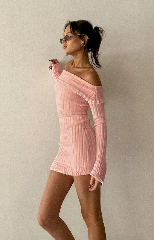Mimi Pink Long Sleeve Off Shoulder Knit Mini Dress Fashionable Lace Mini Dress