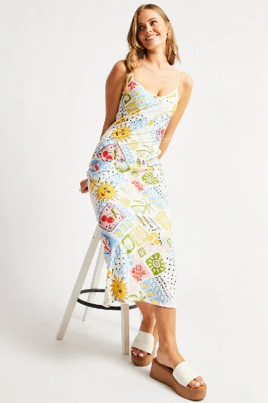 Multi Abstract Maxi Dress Bias Cut Stylish Maxi Dress with Pleats
