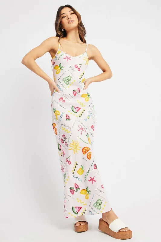 Multi Abstract Maxi Dress Bias Cut Trendy Satin Maxi Dress