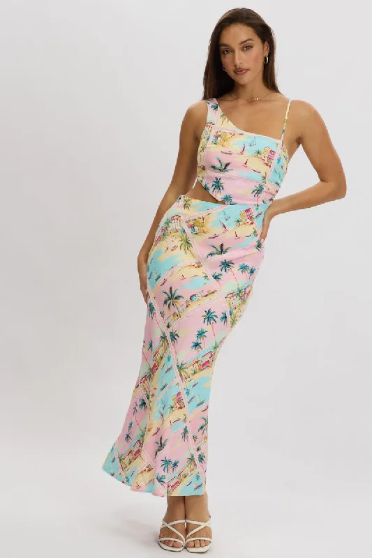 Multi Abstract Maxi Dress Cut Out Detail Cozy Longline Maxi Dress