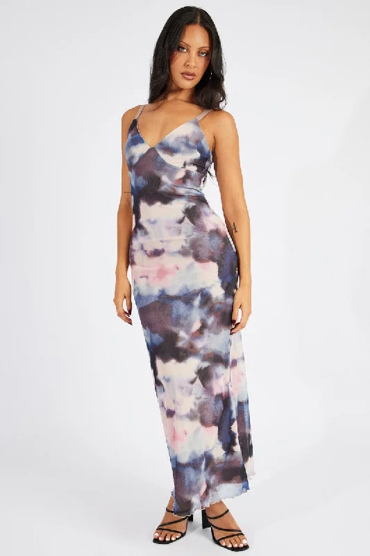 Multi Abstract Maxi Dress Sleeveless Bodycon Mess Trendy V-Neck Maxi Dress