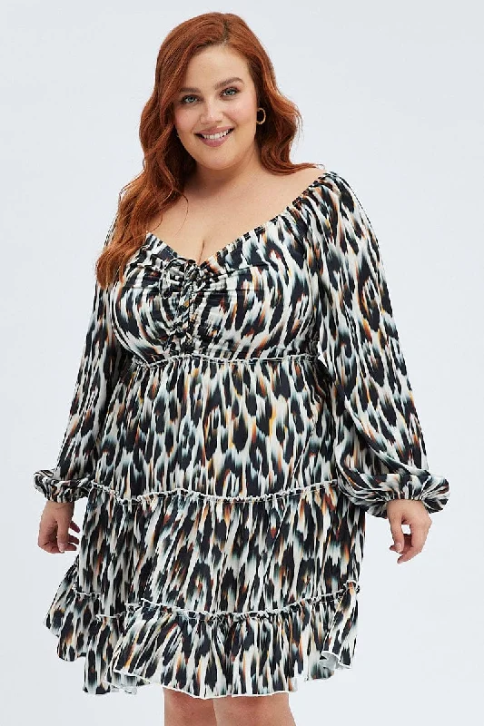 Multi Animal Print Mini Dress Gather Front Abstract Leopard Satin Trendy Lace Mini Dress