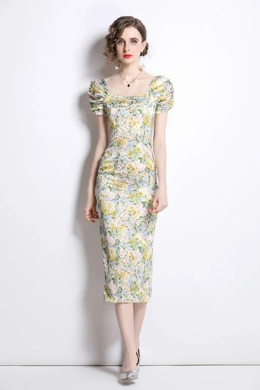 Multicolor Day Bodycon Squareneck Short Sleeve Maxi Dress Stylish Maxi Dress with Pleats