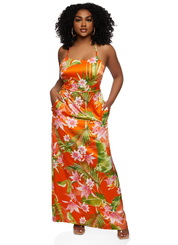 Haute Monde Tropical Print Cami Maxi Dress Elegant Maxi Dress with Ruffles