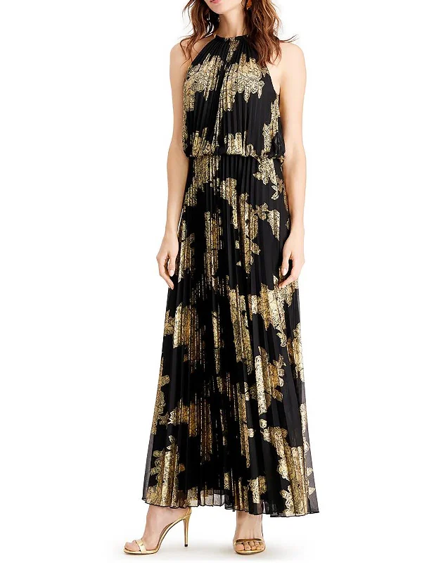 Petites Womens Metallic Blouson Maxi Dress Stylish Long Sleeve Maxi Dress