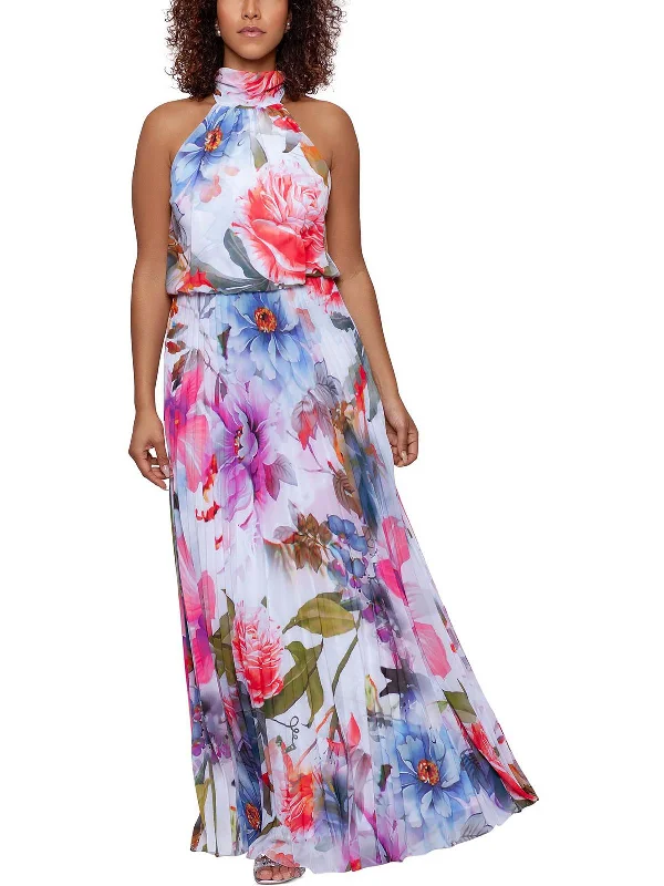 Petites Womens Pleated Halter Maxi Dress Cozy Maxi Dress with Slit