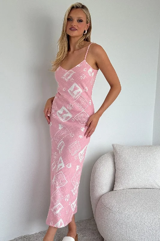 Pink Abstract Maxi Dress Bias Cut Chic Off-Shoulder Maxi Dress