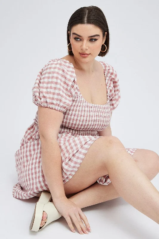 Pink Check Shirred Bodice Mini Dress Gingham Casual High-Waist Mini Dress